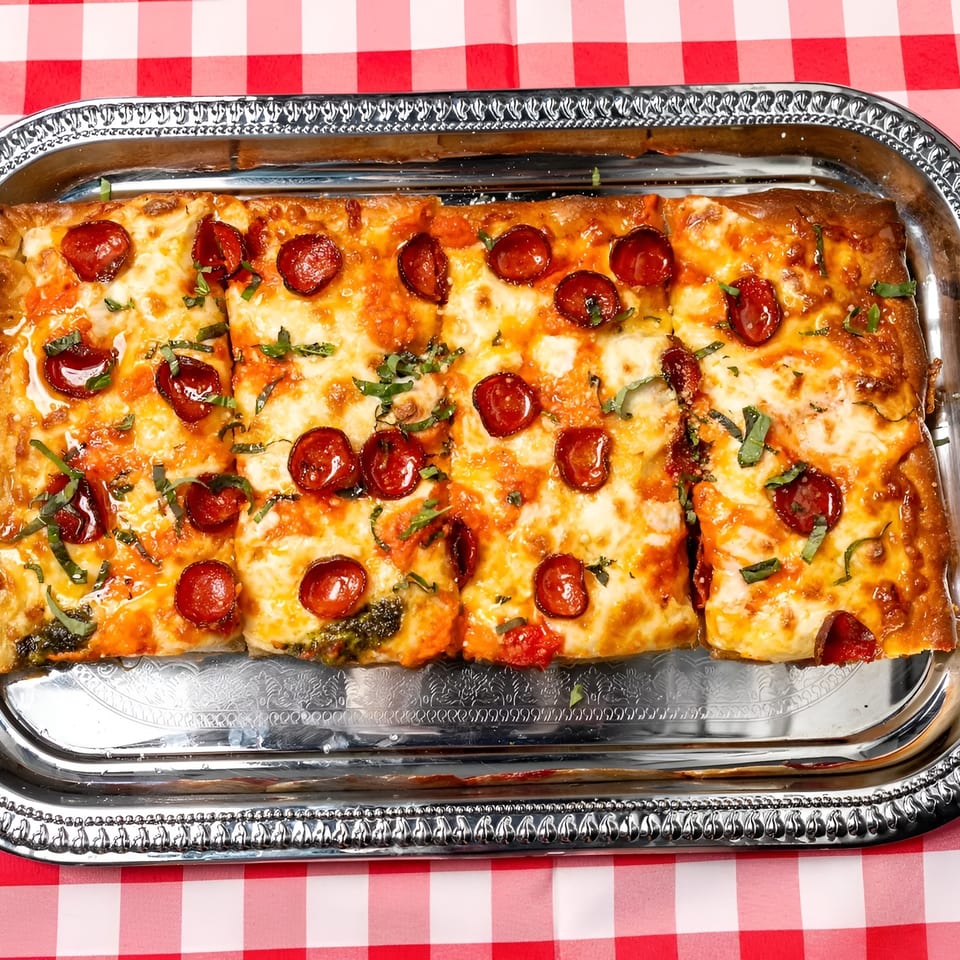 Rectangular pepperoni pizza with basil on a silver tray, on a red and white checkered tablecloth.
